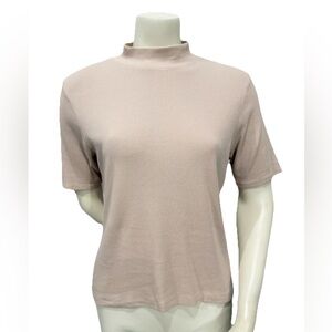 Joie XL Mock Neck Rib Knit Short Sleeve Top Beige Pima Cotton Modal